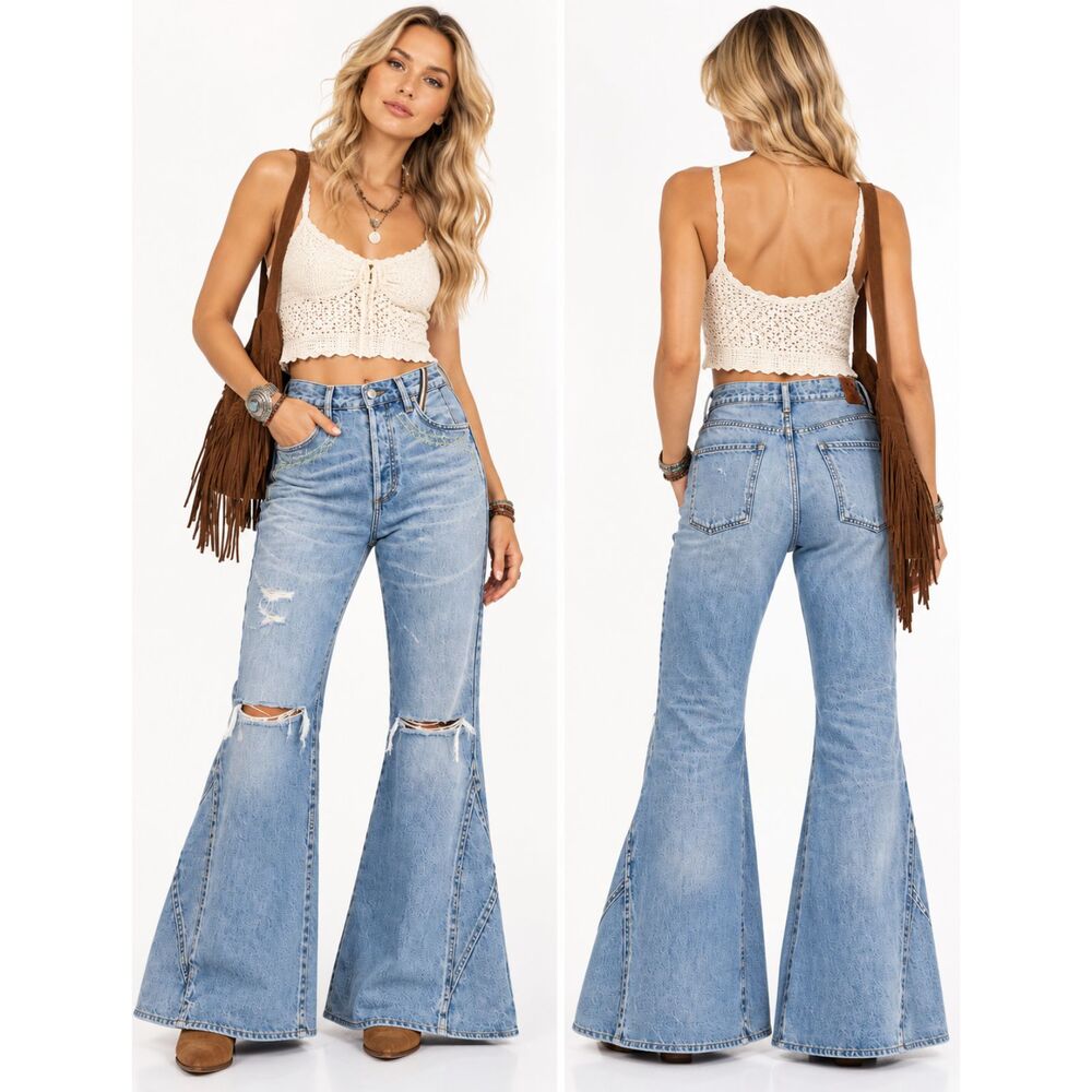 Jean Atelier Embroidered Distressed Flare Jean Y2K Boho Western Light Wash sz 28